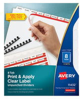 AVERY 11432 | Print & Apply Clear Label Unpunched Dividers, 8 White Tabs, 5 Sets