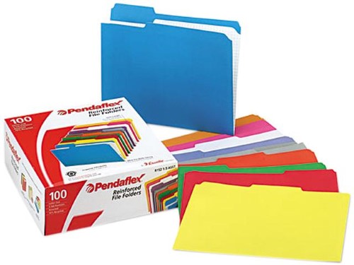 PEN R15213ASST, LETTER TWO PLY REINFORCED FILE FOLDERS, ASSORTED COLORS, 1/3 Cut, Top Tab, 100Box